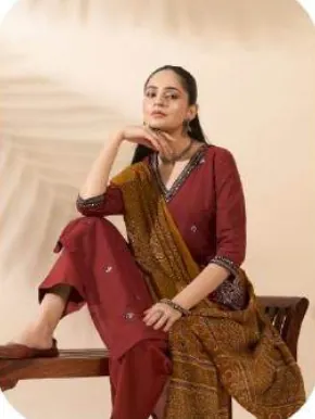 Maroon Cotton Kurta Set with Dupatta