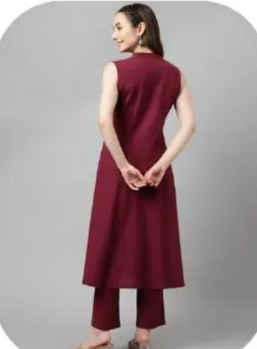 Maroon Sleeveless A-Line Rayon Kurti Pant Set