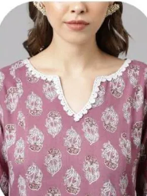 Mauve Floral Print Cotton Kurti Palazzo Set