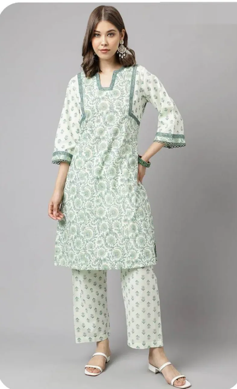 Mint Green Print Cotton Kurti Pant Set