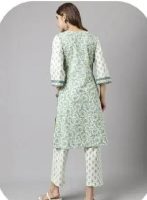Mint Green Print Cotton Kurti Pant Set