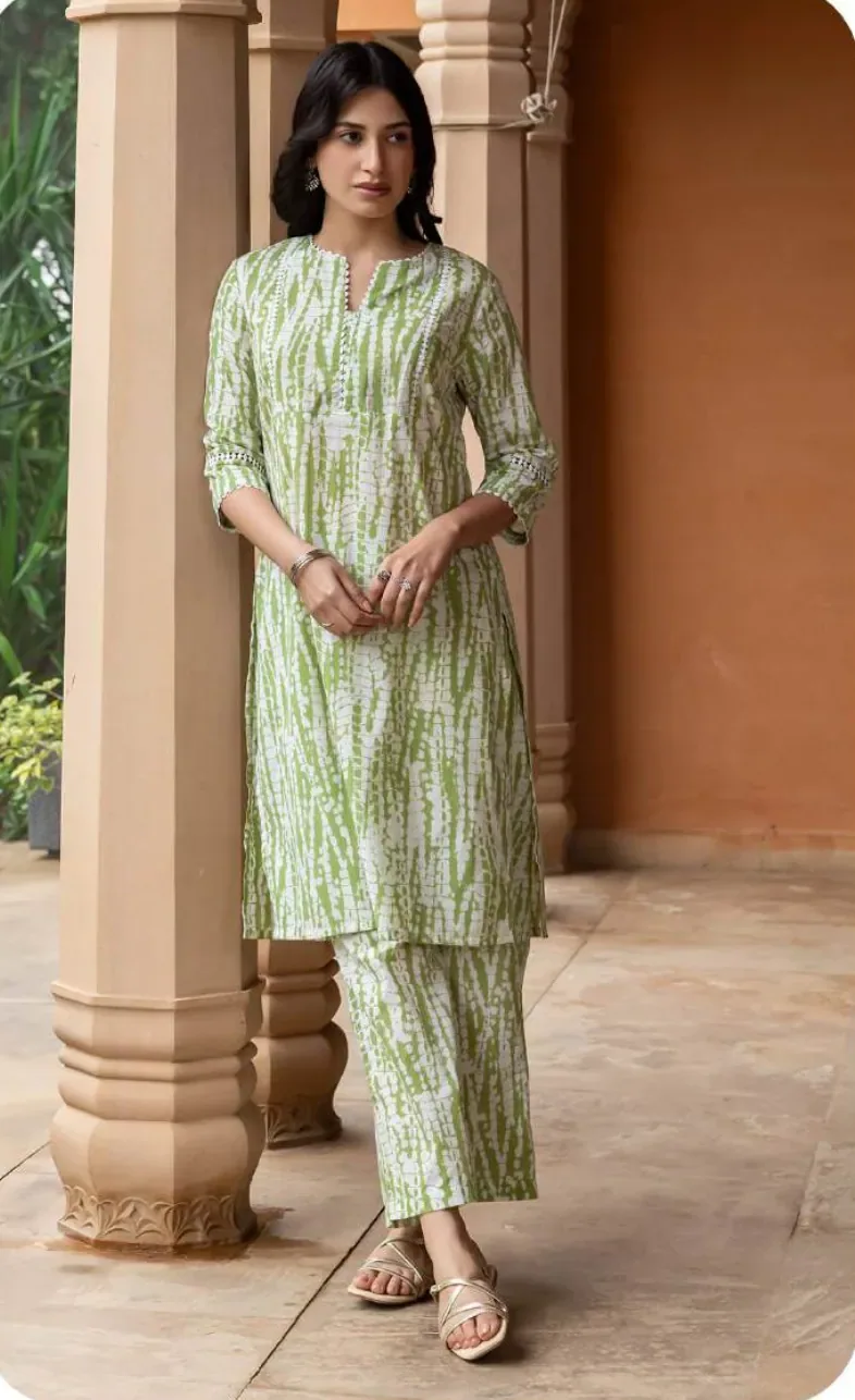 Mint Green Print Cotton Kurti Pant Set
