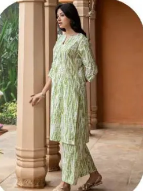 Mint Green Print Cotton Kurti Pant Set