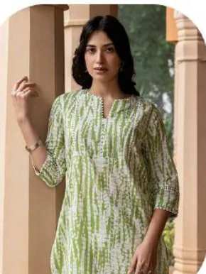 Mint Green Print Cotton Kurti Pant Set