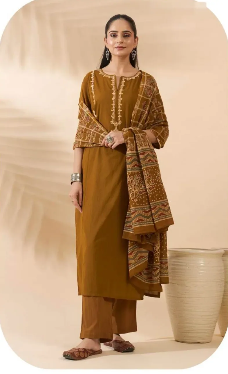 Mustard-Brown Cotton Kurta Set with Dupatta