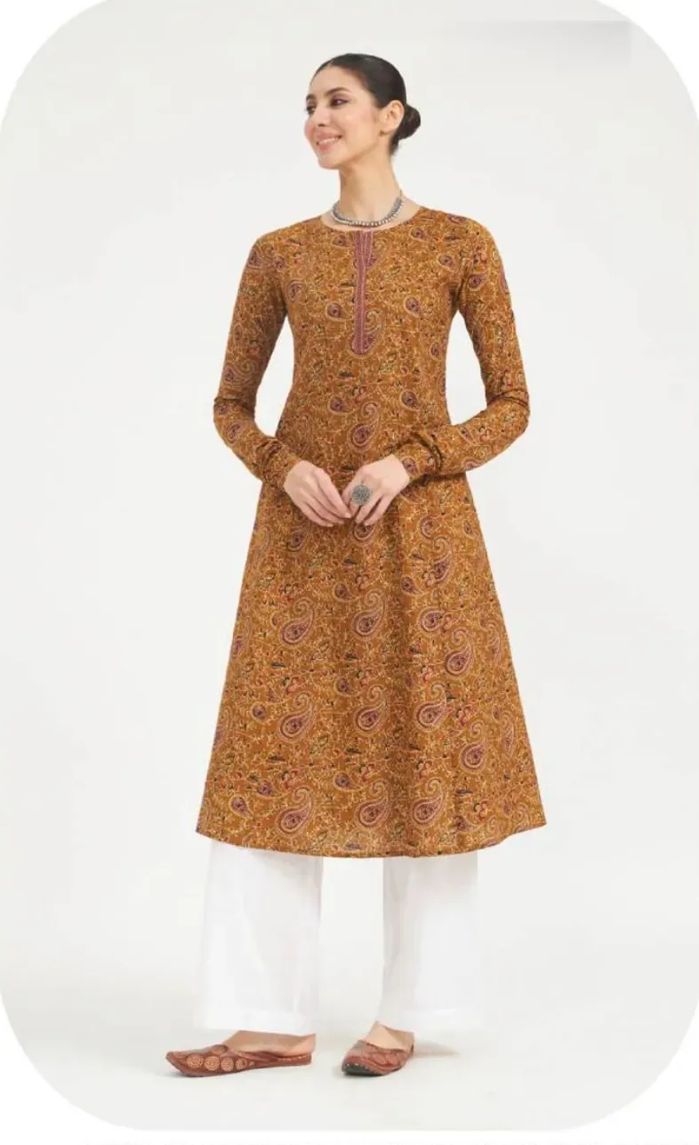 Mustard Brown Printed Flared Cotton Kurti