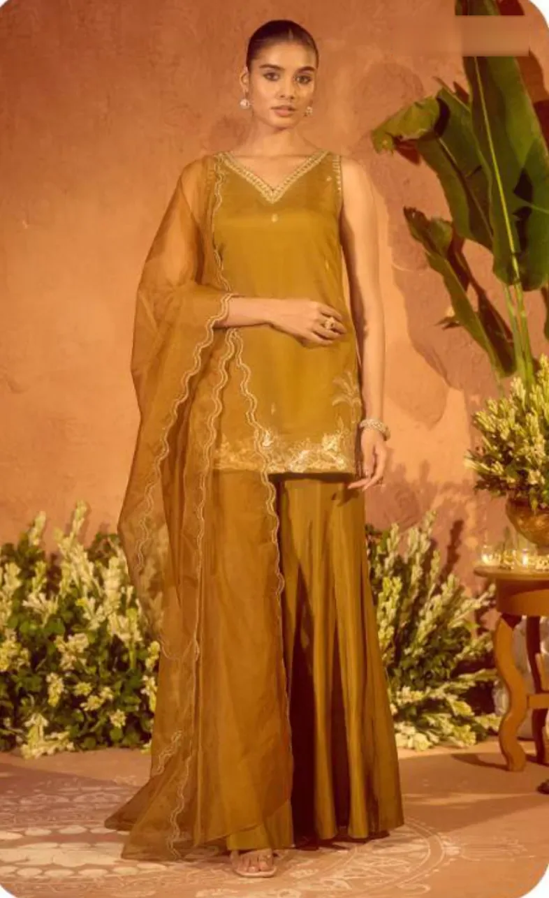 Mustard Gold Viscose Chanderi Kurta Set with Dupatta