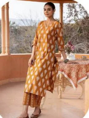 Mustard Ikat Print Cotton Kurti Pant Set