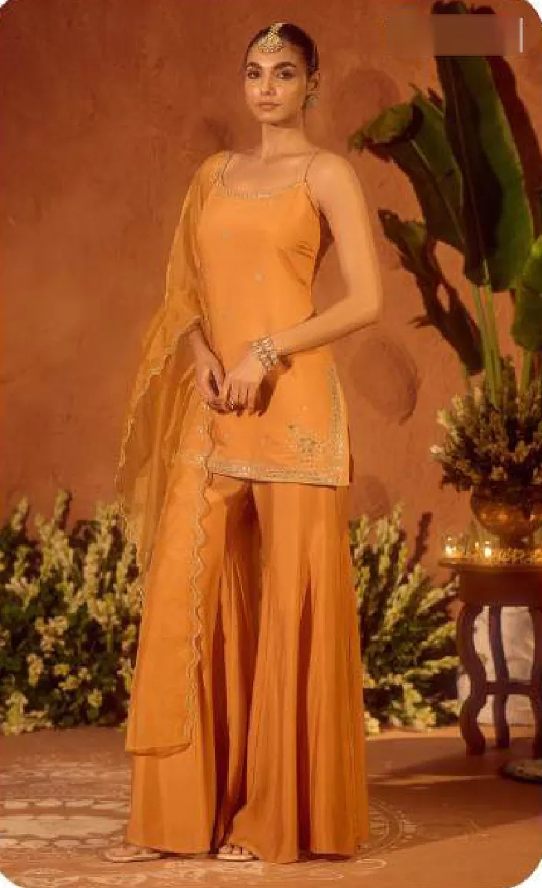 Mustard Orange Strappy Viscose Chanderi Kurta Set with Dupatta
