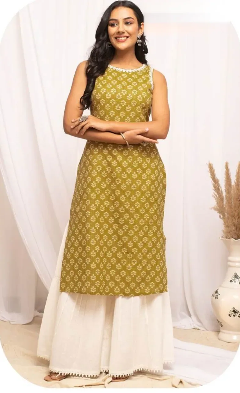 Mustard Printed Sleeveless Cotton Kurti