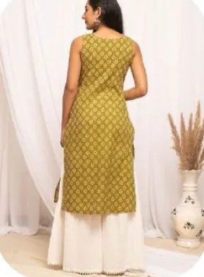 Mustard Printed Sleeveless Cotton Kurti