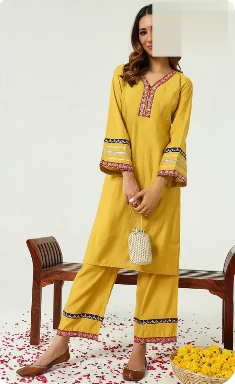 Mustard Yellow Embroidered Chanderi Kurti Pant Set