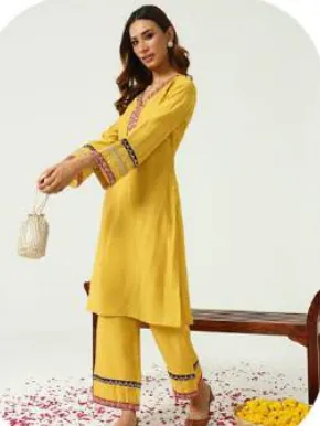Mustard Yellow Embroidered Chanderi Kurti Pant Set