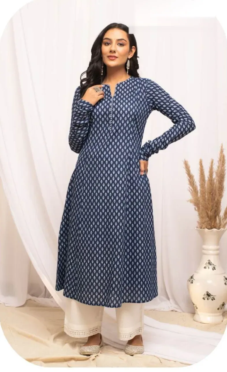 Navy Blue Printed A-Line Cotton Kurti