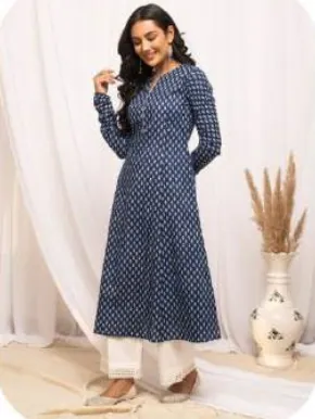 Navy Blue Printed A-Line Cotton Kurti