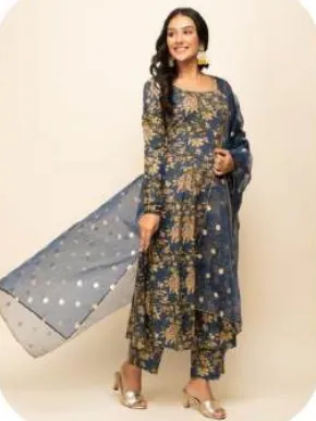 Navy Floral Print Cotton Kurta Set with Dupatta