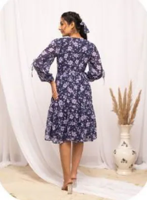 Navy Floral Print Midi Georgette Dress