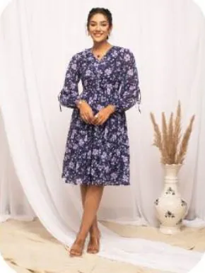 Navy Floral Print Midi Georgette Dress