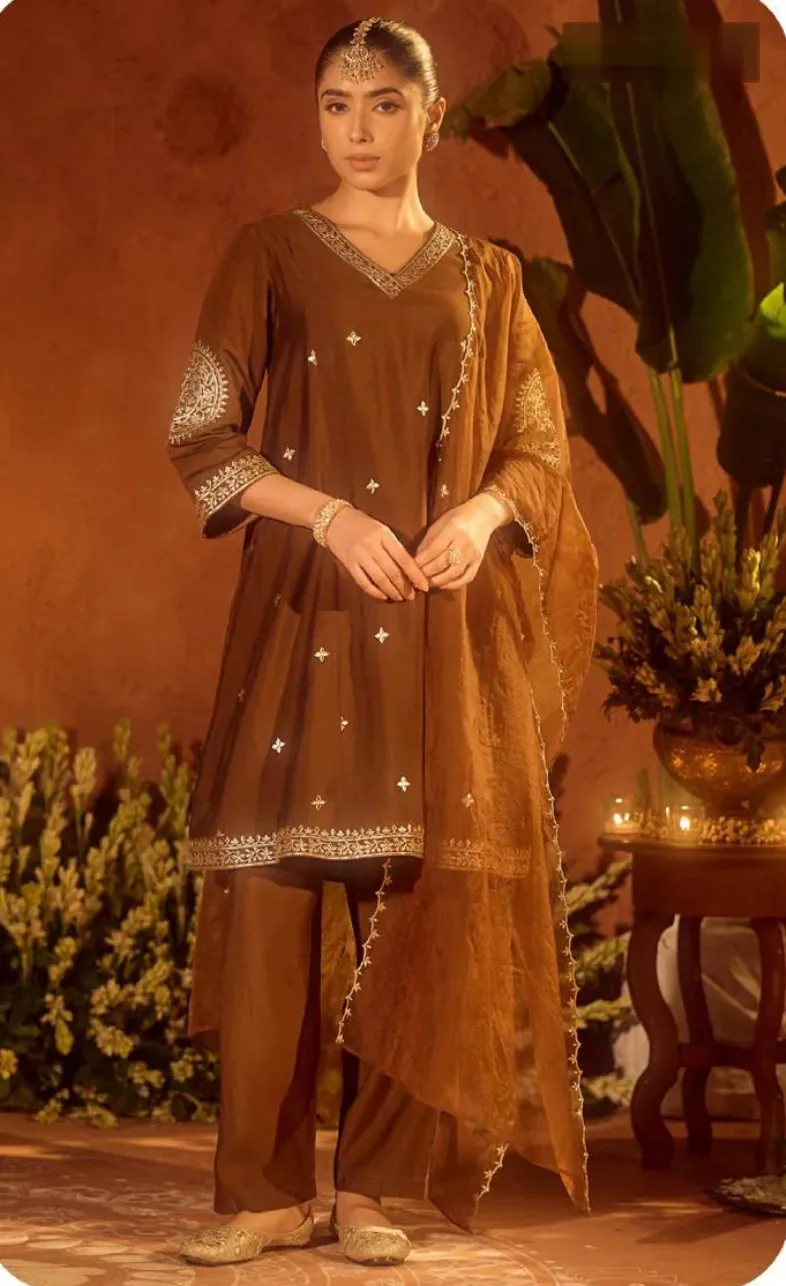 Olive Brown Embroidered Viscose Chanderi Kurta Set with Dupatta