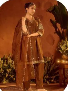 Olive Brown Embroidered Viscose Chanderi Kurta Set with Dupatta