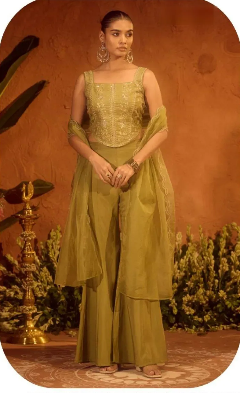 Olive Gold Viscose Chanderi Kurta Palazzo Set with Dupatta