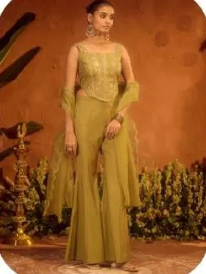 Olive Gold Viscose Chanderi Kurta Palazzo Set with Dupatta