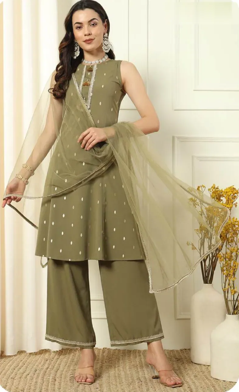 Olive Green Embroidered Crepe Kurta Set with Dupatta