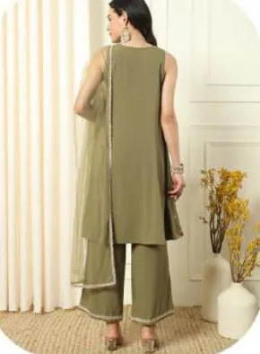 Olive Green Embroidered Crepe Kurta Set with Dupatta