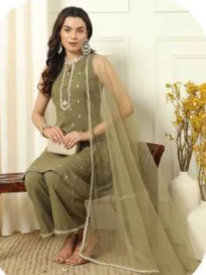 Olive Green Embroidered Crepe Kurta Set with Dupatta