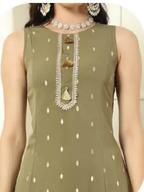 Olive Green Embroidered Crepe Kurta Set with Dupatta
