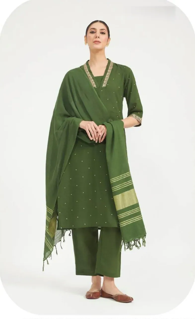 Olive Green Linen Kurta Set with Dupatta