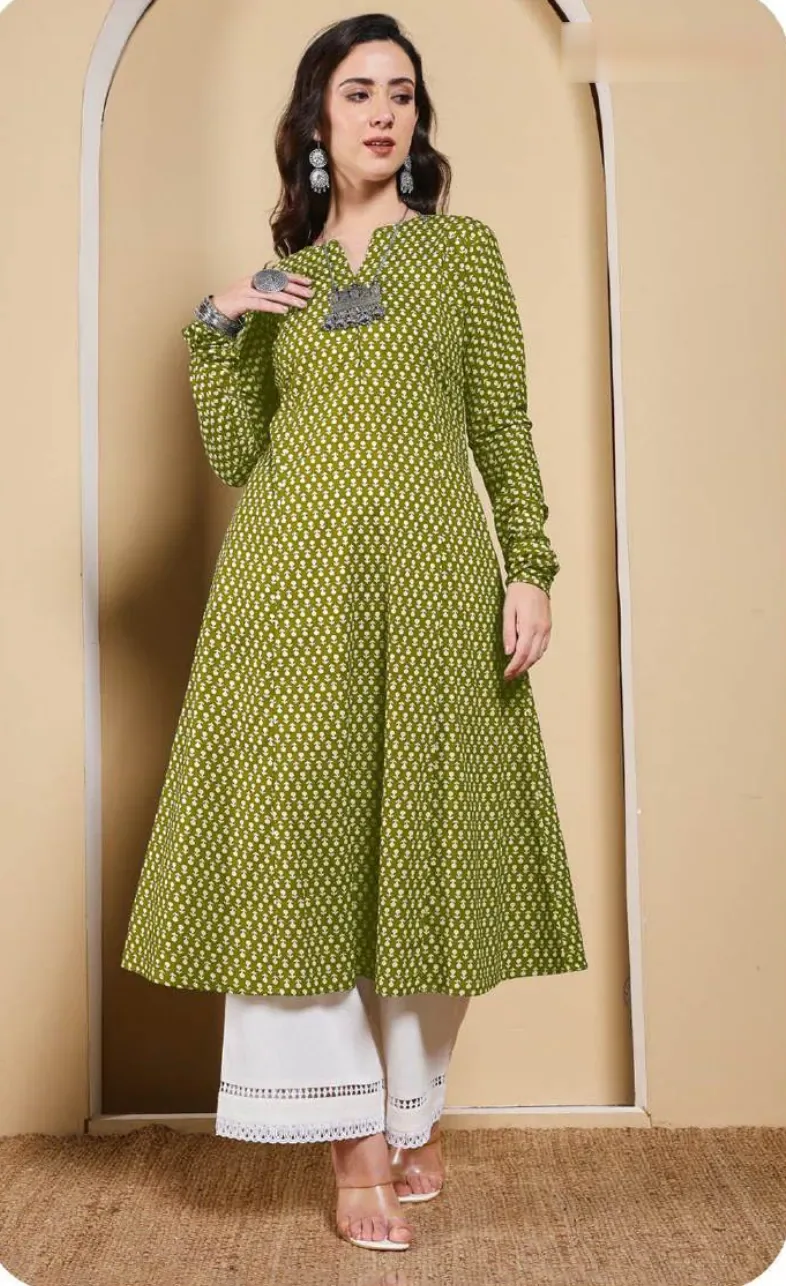 Olive Green Printed A-Line Cotton Kurti