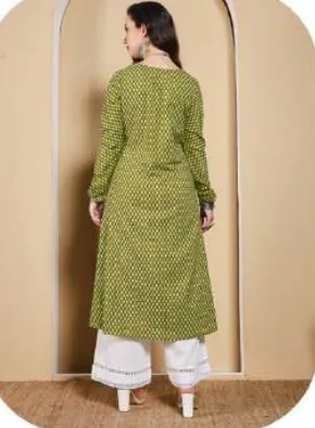 Olive Green Printed A-Line Cotton Kurti