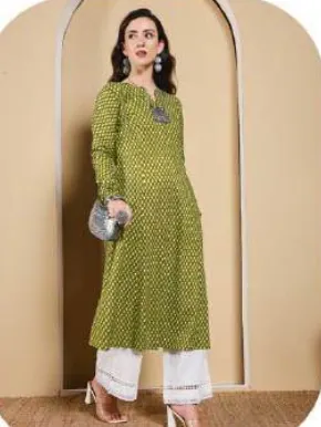 Olive Green Printed A-Line Cotton Kurti