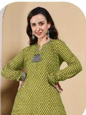 Olive Green Printed A-Line Cotton Kurti