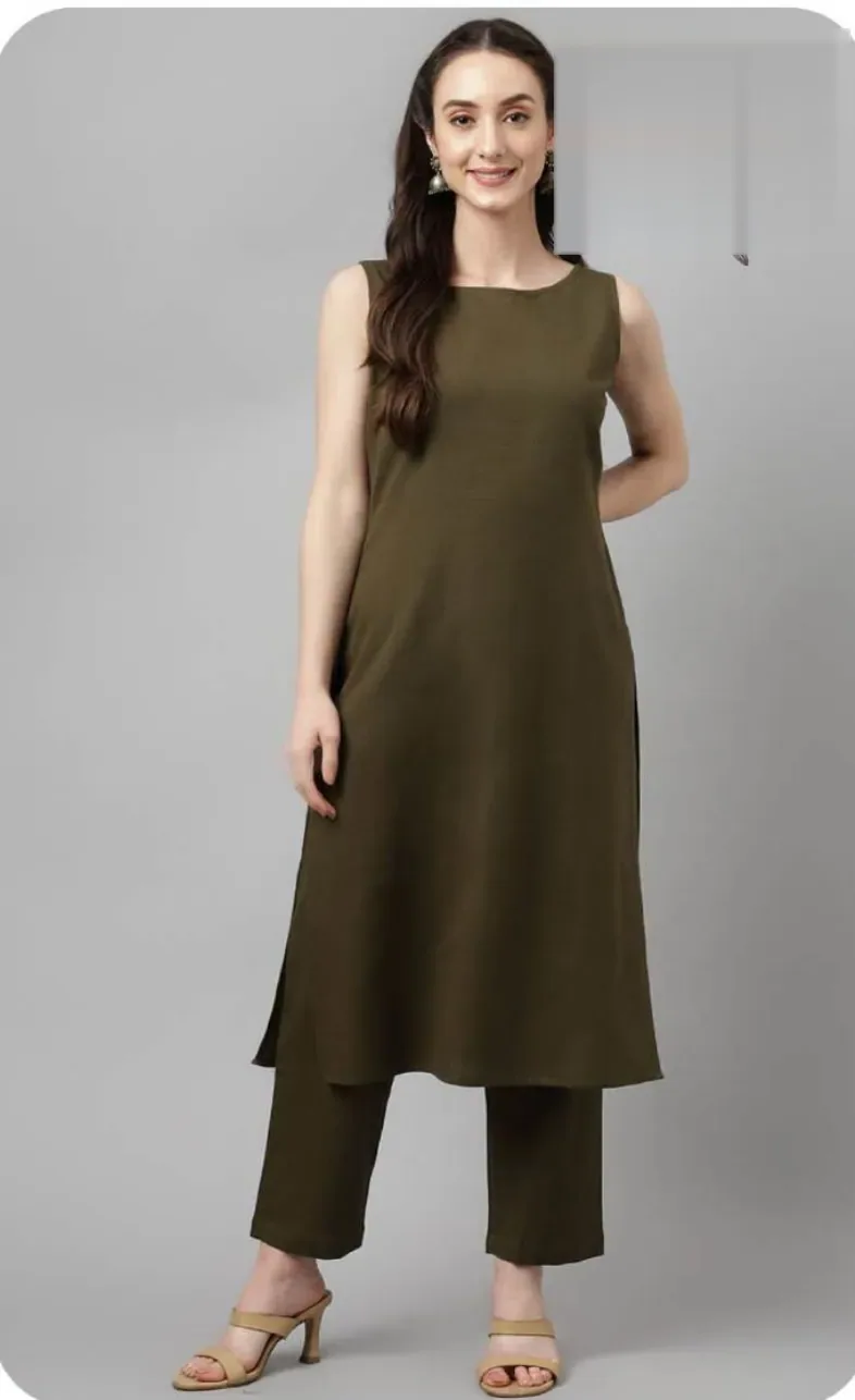Olive Green Sleeveless Rayon Kurti Pant Set