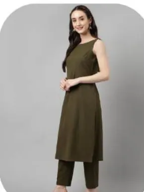 Olive Green Sleeveless Rayon Kurti Pant Set