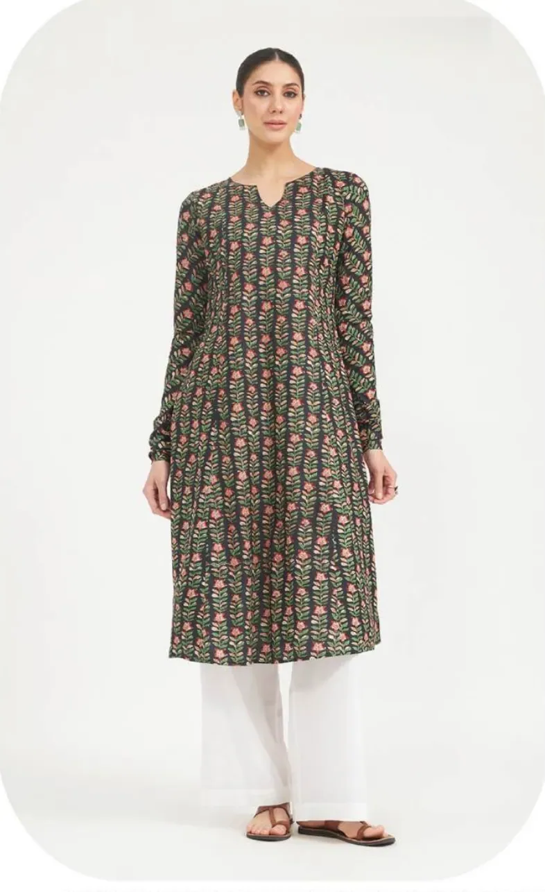 Olive Grey Printed Cotton Kurti