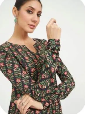 Olive Grey Printed Cotton Kurti