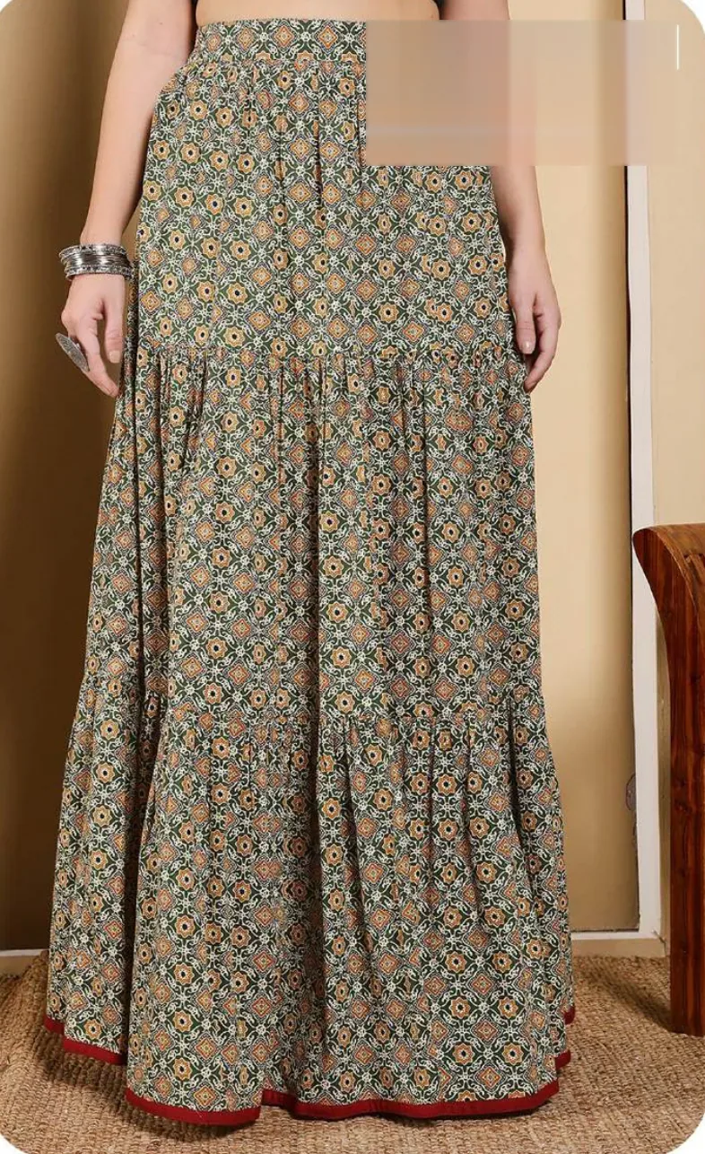 Olive Print Cotton Tiered Skirt