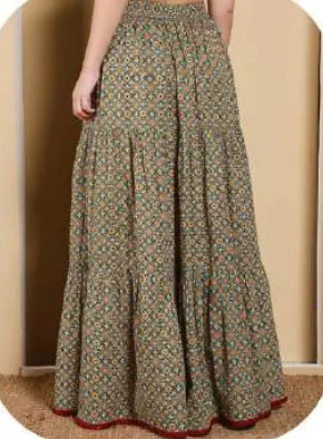 Olive Print Cotton Tiered Skirt