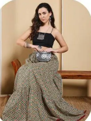 Olive Print Cotton Tiered Skirt