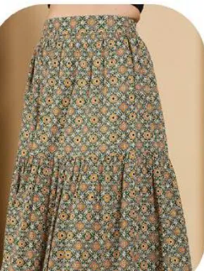 Olive Print Cotton Tiered Skirt