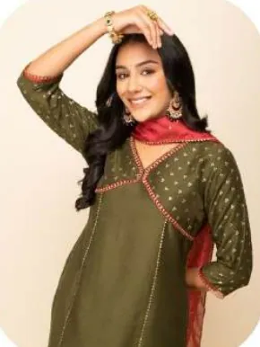 Olive Silk Blend Kurta Palazzo Set with Dupatta