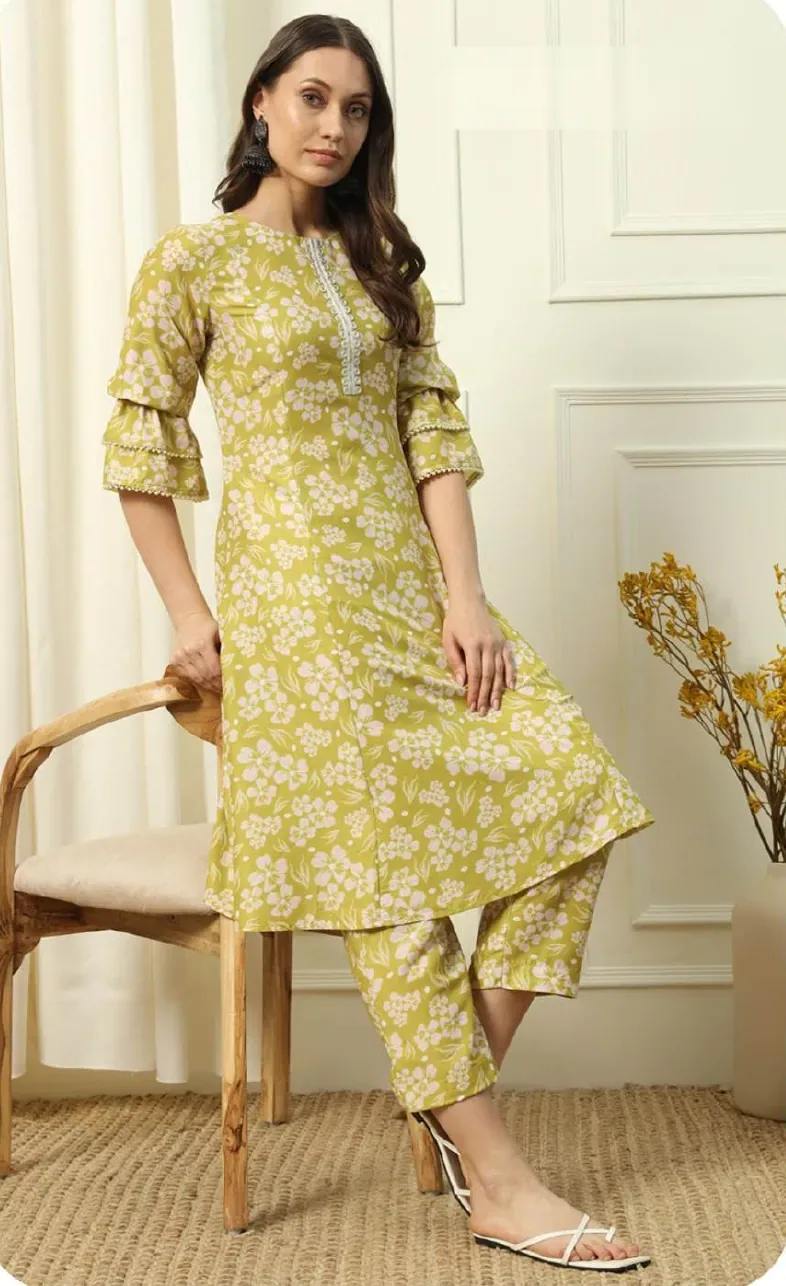 Olive Yellow Floral Print Cotton Blend Kurti Pant Set