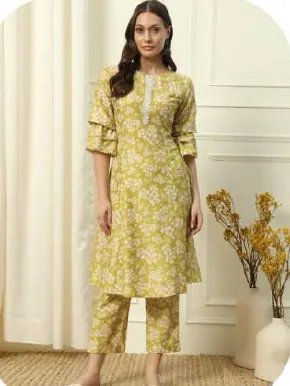 Olive Yellow Floral Print Cotton Blend Kurti Pant Set