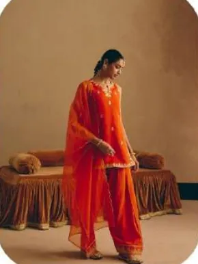 Orange Embroidered Viscose Chanderi Kurta Palazzo Set with Dupatta