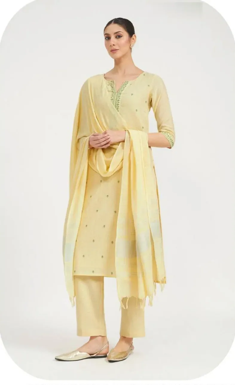 Pastel Lemon Yellow Linen Kurta Set with Dupatta