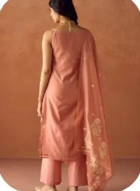 Peach Cotton Blend Jacquard Kurta Palazzo Set with Dupatta