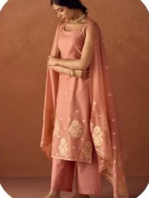 Peach Cotton Blend Jacquard Kurta Palazzo Set with Dupatta